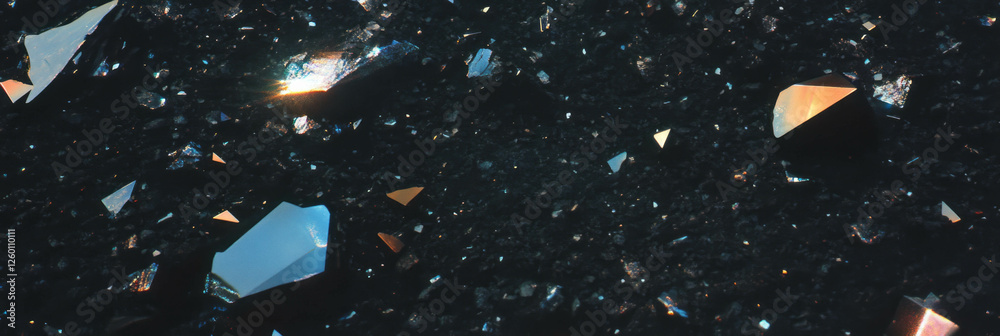 Poster angular obsidian shards reflect light on textured black sand in a unique landscape
