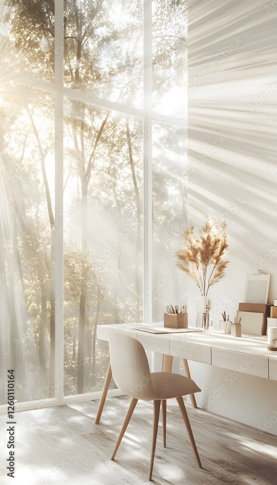 Poster a minimalist workspace with neutral tones, sleek furniture, and a large window overlooking a lush fo