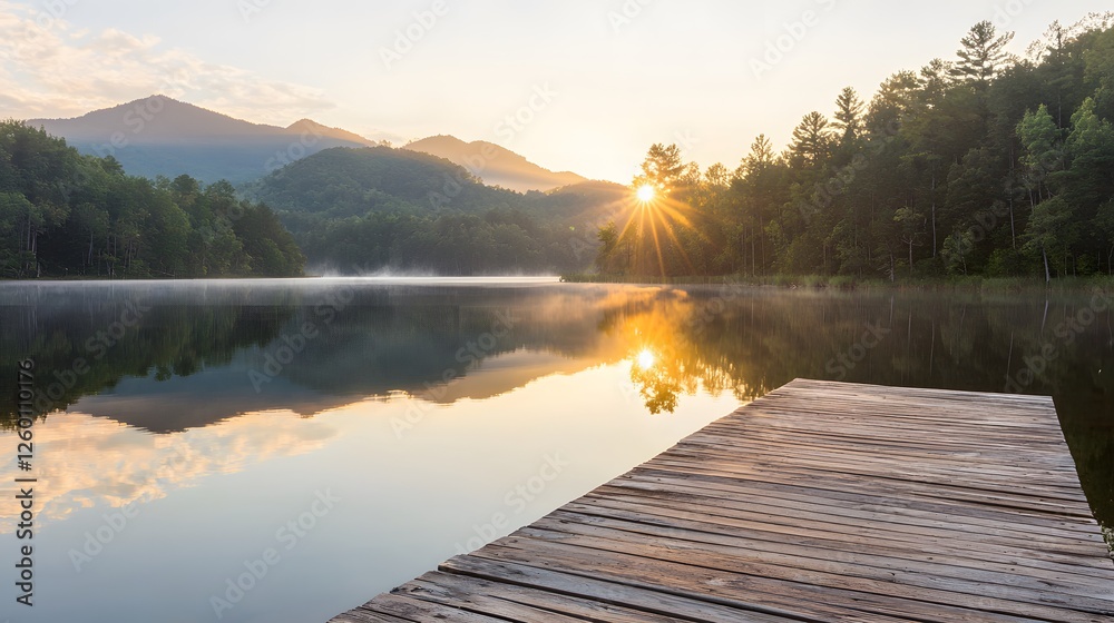 Fototapete a serene lakeside view at sunrise, with a wooden dock extending into the still water, mountains refl