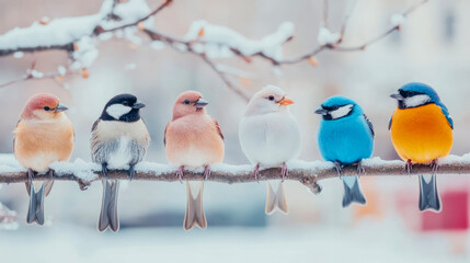 Fototapeta premium Winter Holiday: Six colorful birds lined up on a snowy branch, a cheerful winter card