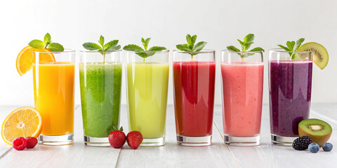 Colorful row of healthy fruit juices in tall glasses, arranged in a neat line with fresh citrus, berries, and mint leaves on a white table