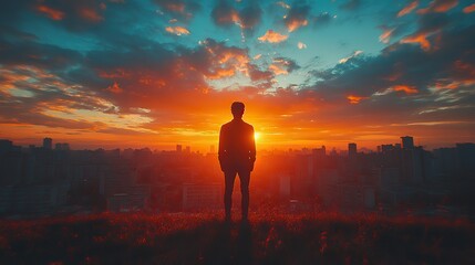 Fototapeta premium facing my faith silhouette of a man on the background of the sky with clouds