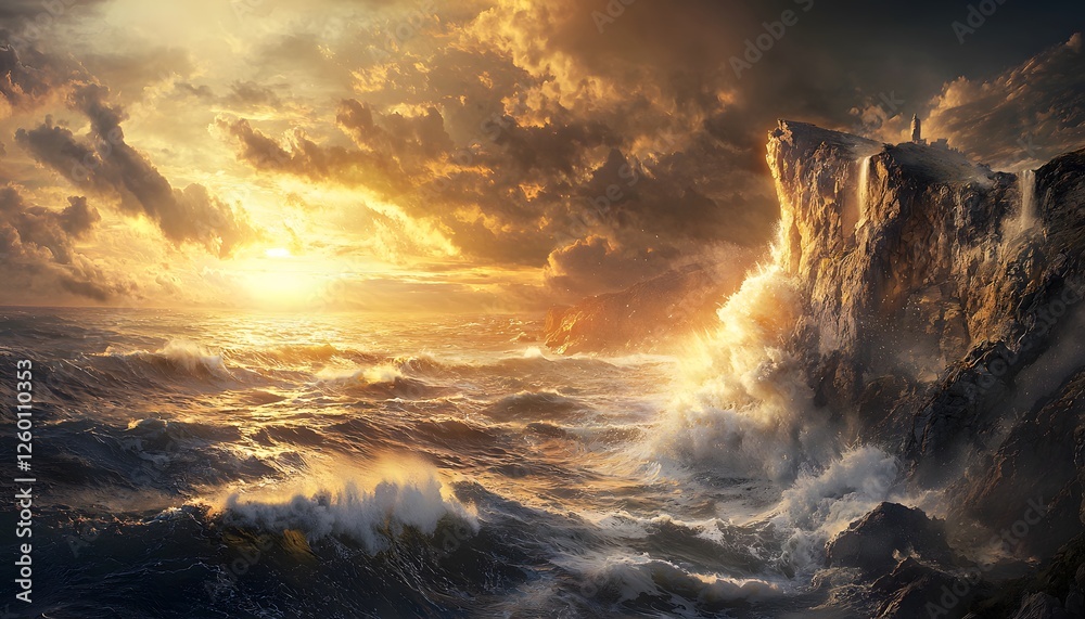 Aufkleber A dramatic coastal cliff with waves crashing below, golden light reflecting on the ocean, and stormy clouds overhead creating a dynamic and cinematic scene
