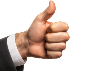 close up of hand giving thumbs up gesture, symbolizing approval and positivity. hand is well groomed, wearing formal suit sleeve, conveying professionalism and confidence