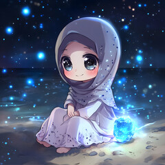 Adorable Chibi Girl in Hijab Sitting Under a Magical Starry Night Sky

