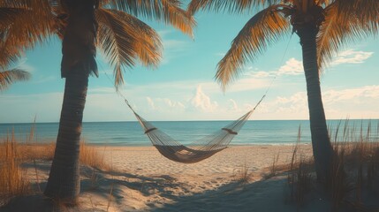 A beachside hammock tied between two palm trees, gently swaying under the summer sun.