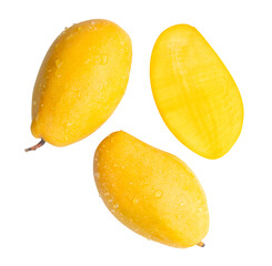 Top view set of two ripe yellow mangoes with half and water drops isolated on white background with clipping path