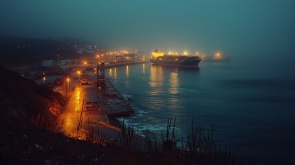 Naklejka premium Misty Night at a Serene Harbor with Illuminated Docks and Ships