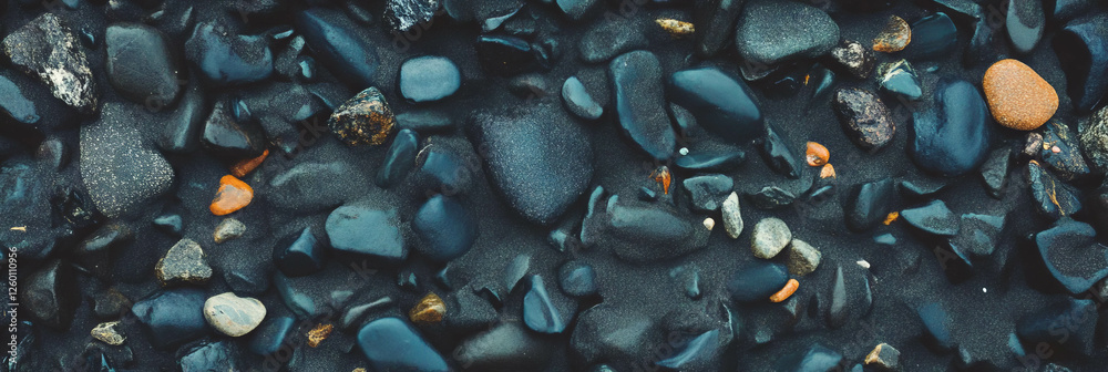 Poster exploring the unique texture of black sand with dark pebbles along the shore