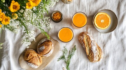 A cozy cottage-style breakfast setup with carrot-orange smoothies, fresh-baked bread, and a light linen tablecloth