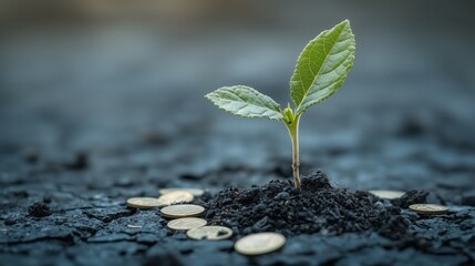 Green Plant Growing from Soil Surrounded by Coins on Dark Ground