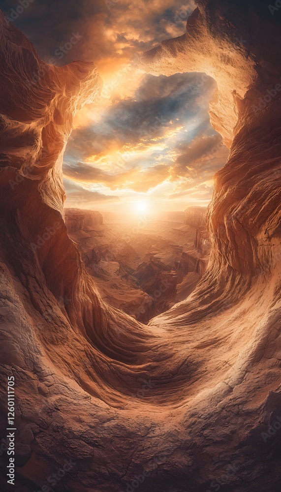 Poster hyper-realistic canyon glowing in golden light, intricate red rock textures highlighted under twilig