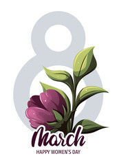 March 8 card design with  flower. Happy Women's Day greeting card. Vector illustration for card, cover, poster, postcard.