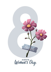March 8 card design with  flowers. Happy Women's Day greeting card. Vector illustration for card, cover, poster, postcard.