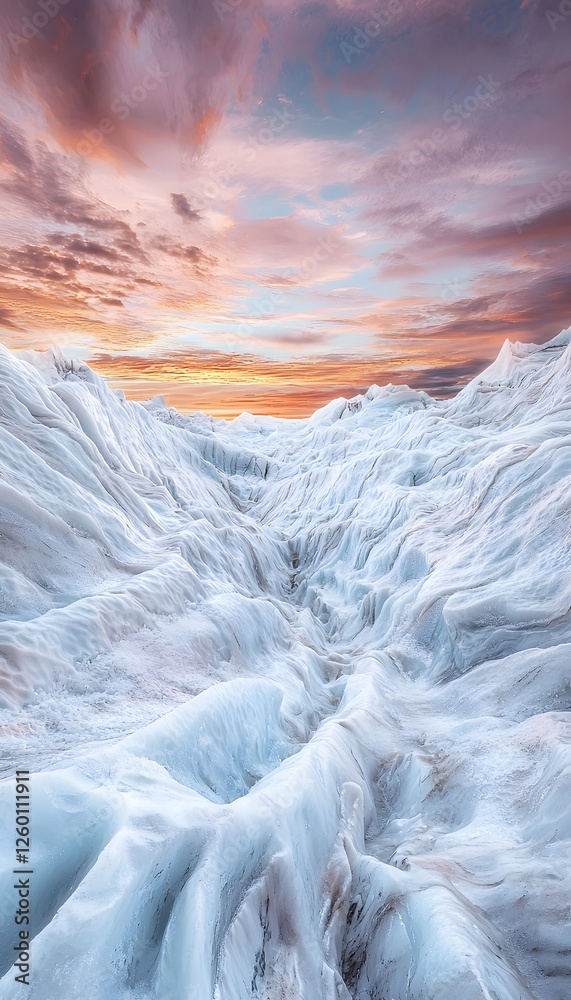 Poster hyper-realistic glacier illuminated by golden hour light, intricate icy patterns glowing under a pas