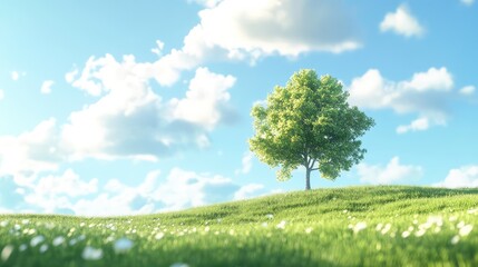 Fototapeta premium A calm scene with a lone tree in the middle of a field, clear skies, and a wide-open horizon for copy.