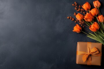 Fiery orange tulips wrapped with a mustard-yellow ribbon create a vibrant contrast against a deep sapphire-blue background