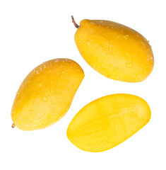 Top view set of two ripe yellow mangoes with half and water drops isolated on white background with clipping path