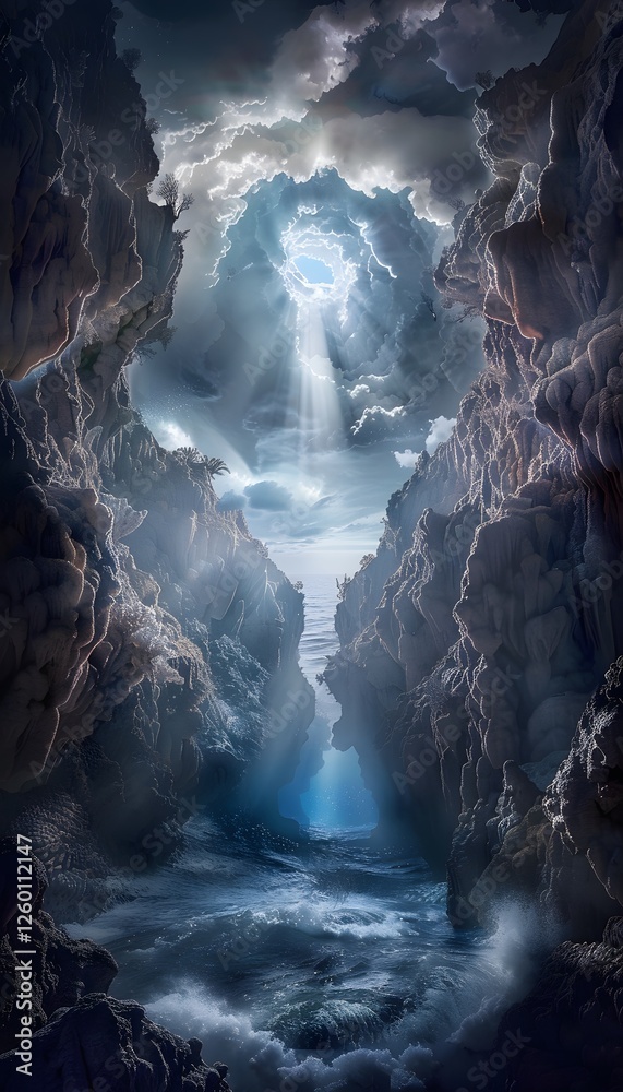 Poster surreal underwater cave illuminated by glowing bioluminescent coral, cinematic lighting creating dre