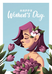Happy Women's Day card design with cute young woman and flowers. Vector illustration for card, cover, poster, postcard.