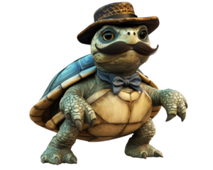 turtle with funny mustache and detective hat, posing charmingly. This whimsical character adds playful touch to any scene, evoking smiles and laughter