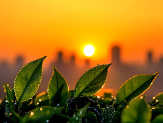 Dew-Covered Green Leaves Glowing Under the Warm Sunrise Light


