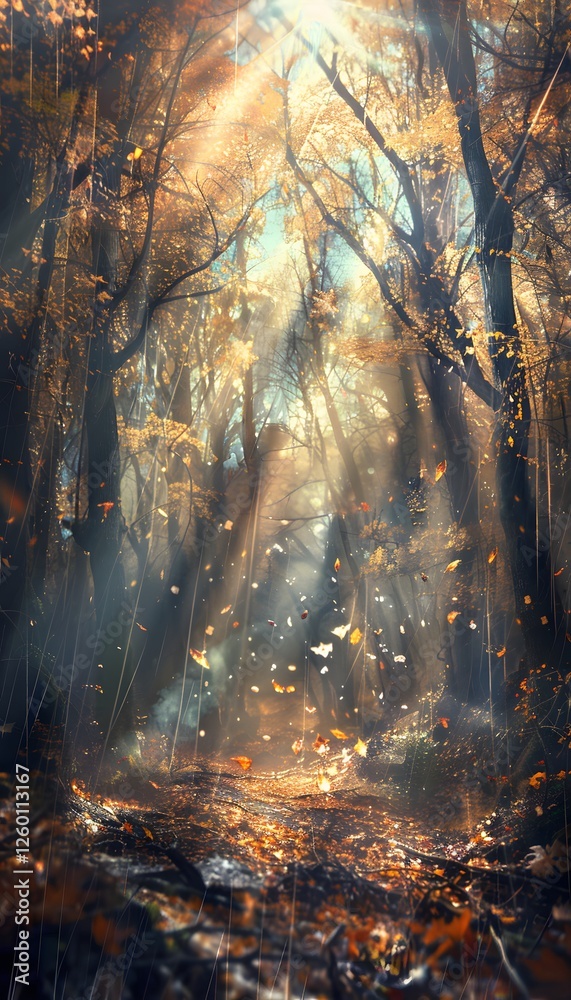 Aufkleber rain-drenched forest illuminated by soft golden light, glowing autumn leaves creating cinematic dept