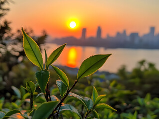 Fresh Green Leaves with Beautiful Sunset and Cityscape in the Background

