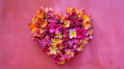 Obraz premium A tropical heart-shaped floral design made of vibrant plumeria flowers in pink, orange, and yellow tones, arranged against a soft pink wall. AI generated.