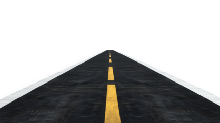 long, empty road stretches into distance, featuring yellow center line and white edges, creating sense of openness and adventure