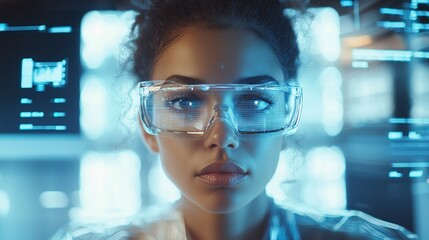 Fototapeta premium Young Female Scientist with Futuristic Glasses and Digital Interface