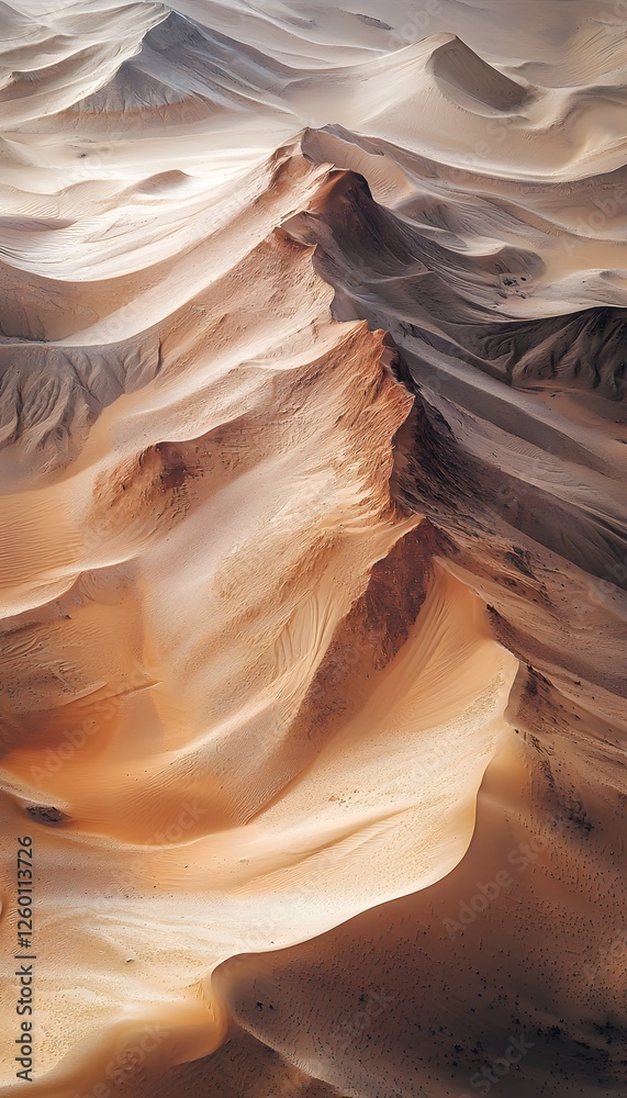 Poster abstract aerial desert view with smooth dunes and sharp ridges, rich orange and beige tones, surreal