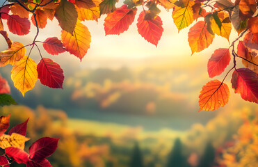 Scenic Autumn Landscape with Colorful Leaves Framing a Picturesque Valley

