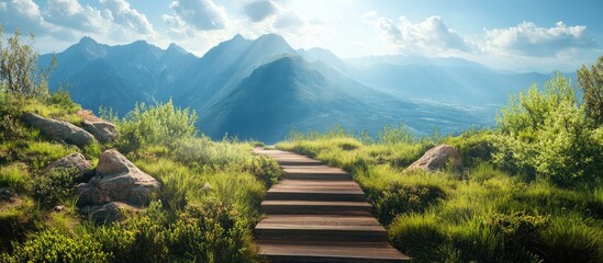 Mountain landscape with a winding wooden path leading through vibrant green grass and boulders under a bright blue sky with fluffy clouds.
