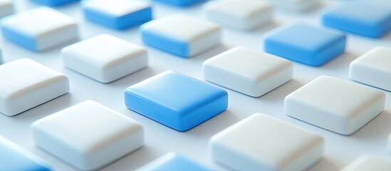 Vibrant blue and white dominoes arranged in a grid on a white surface creating strong contrast with geometric shapes and smooth textures.
