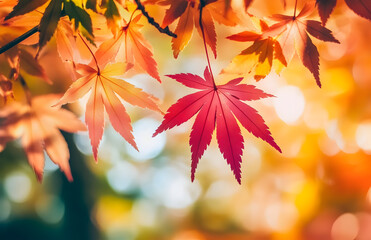 Vibrant Red Maple Leaf Hanging Gracefully in Autumn Sunlight

