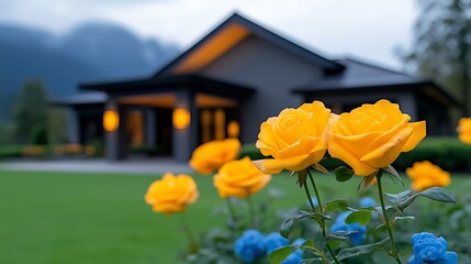 Radiant Yellow Roses Bloom in a Serene Evening Garden Setting, with a Modern House Glowing Warmly Under Twilight Sky, Creating a Tranquil and Idyllic Atmosphere