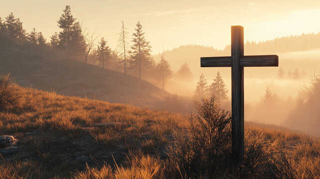 Rustic wooden cross on a grassy hill at sunrise, surrounded by mist and golden light – peaceful Christian landscape symbolizing faith and hope