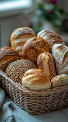 This image showcases a beautiful arrangement of various types of fresh bread in a woven basket, highlighting their textures and crusty appearances.