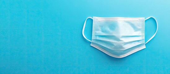 Stationery supplies and a protective medical mask arranged uniquely on a vibrant blue background symbolizing education in a pandemic context.