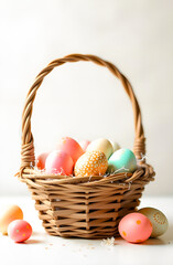 easter eggs in a basket on white, multi-colored Easter eggs in a basket on a white background	