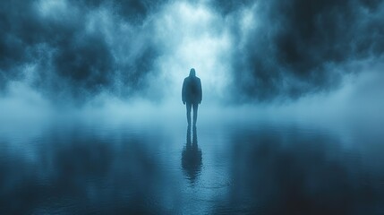 facing my faith silhouette of a man walking in the middle of a foggy abstract room