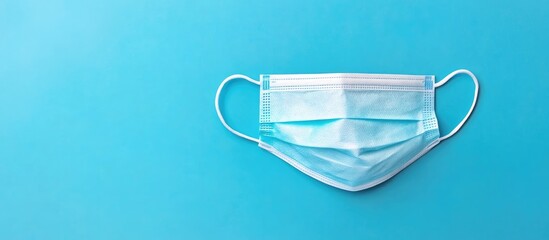 Blue background with a medical mask centered, showcasing a clean, minimalist educational theme related to pandemic safety and school supplies.