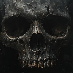 Dark cracked skull rendered in rough textured metallic material