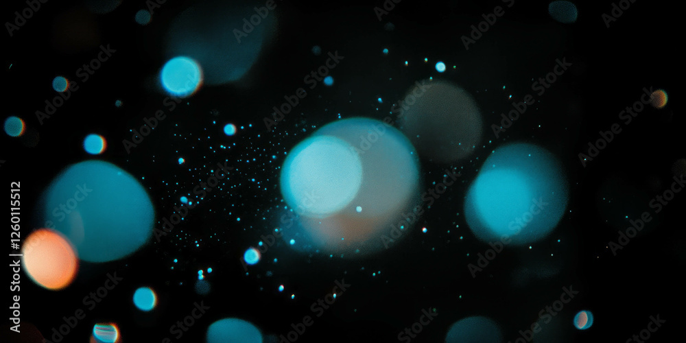 Poster Bright circular bokeh texture with cool blue tint and sparkles on a black background