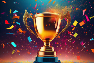 Champion trophy, shiny golden cup success, victory. Royalty high-quality free best stock of Golden trophy with colorful falling confetti explosion celebrating achievement, award ceremony