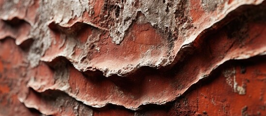 Close up view of weathered red brick wall texture revealing intricate horizontal patterns with peeling surfaces and soft waves in warm tones.