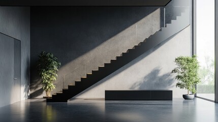 Fototapeta premium Modern interior with sleek staircase and natural light