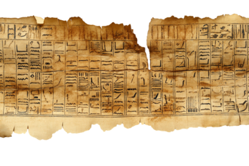 Torn papyrus sheet with hieroglyphic prints isolated on transparent white background