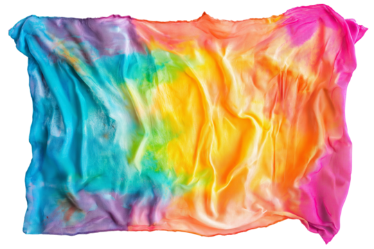 vibrant tie-dye silk scarf in rainbow colors isolated on transparent white background